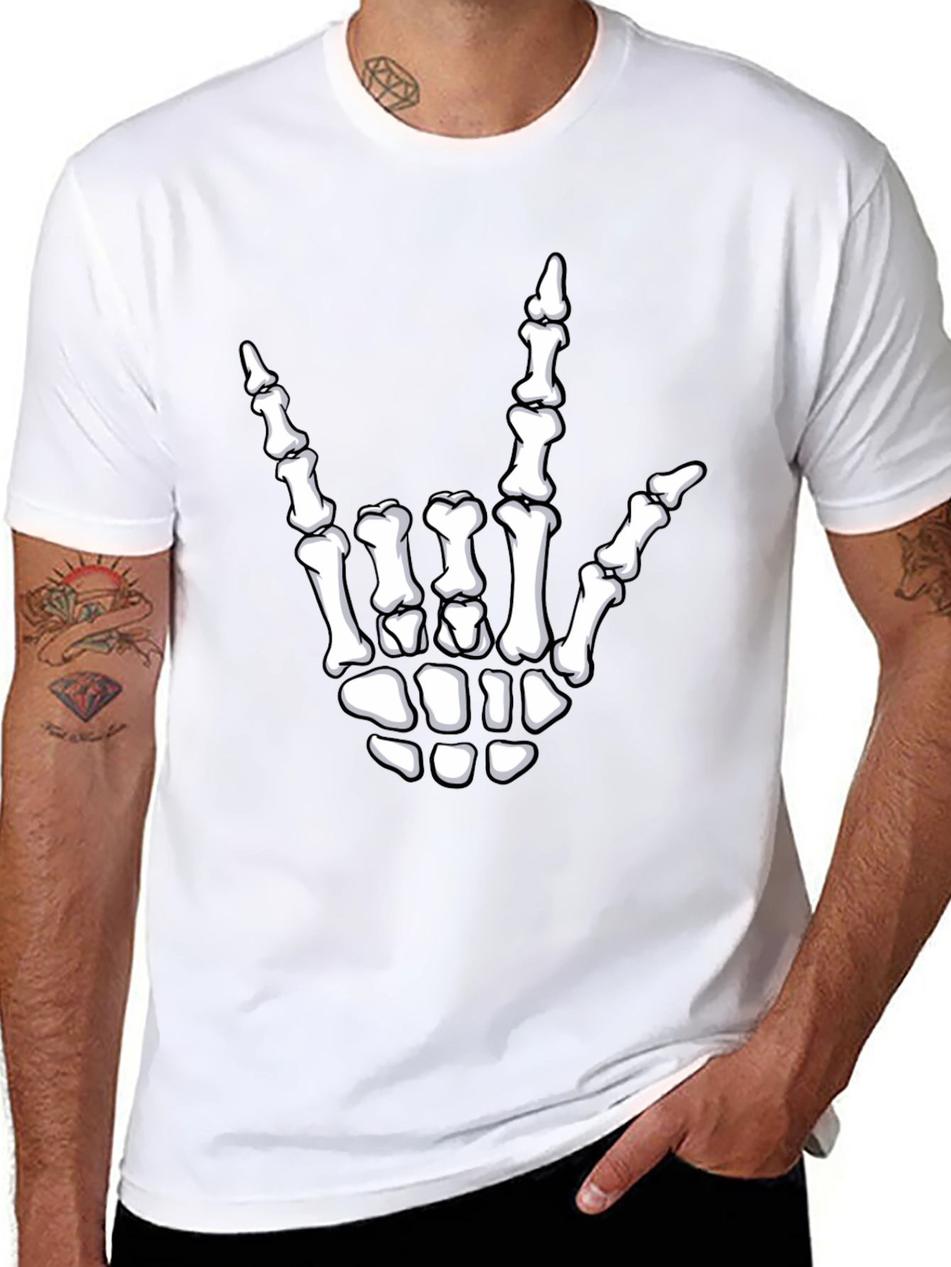 Rock On Skeleton Hand Graphic Tee - Black