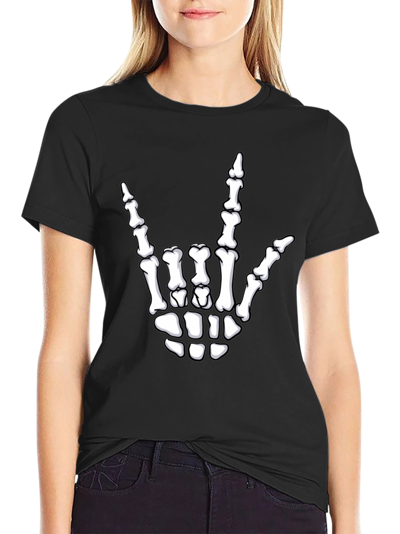 Rock On Skeleton Hand Graphic Tee - Black