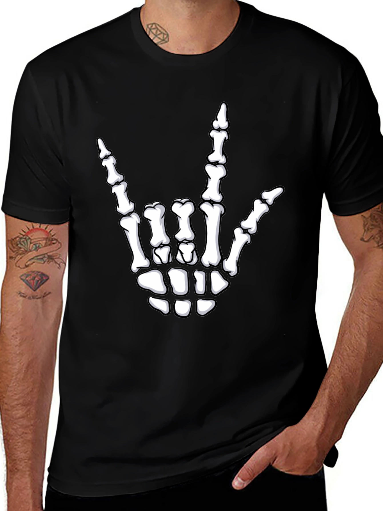 Rock On Skeleton Hand Graphic Tee - Black