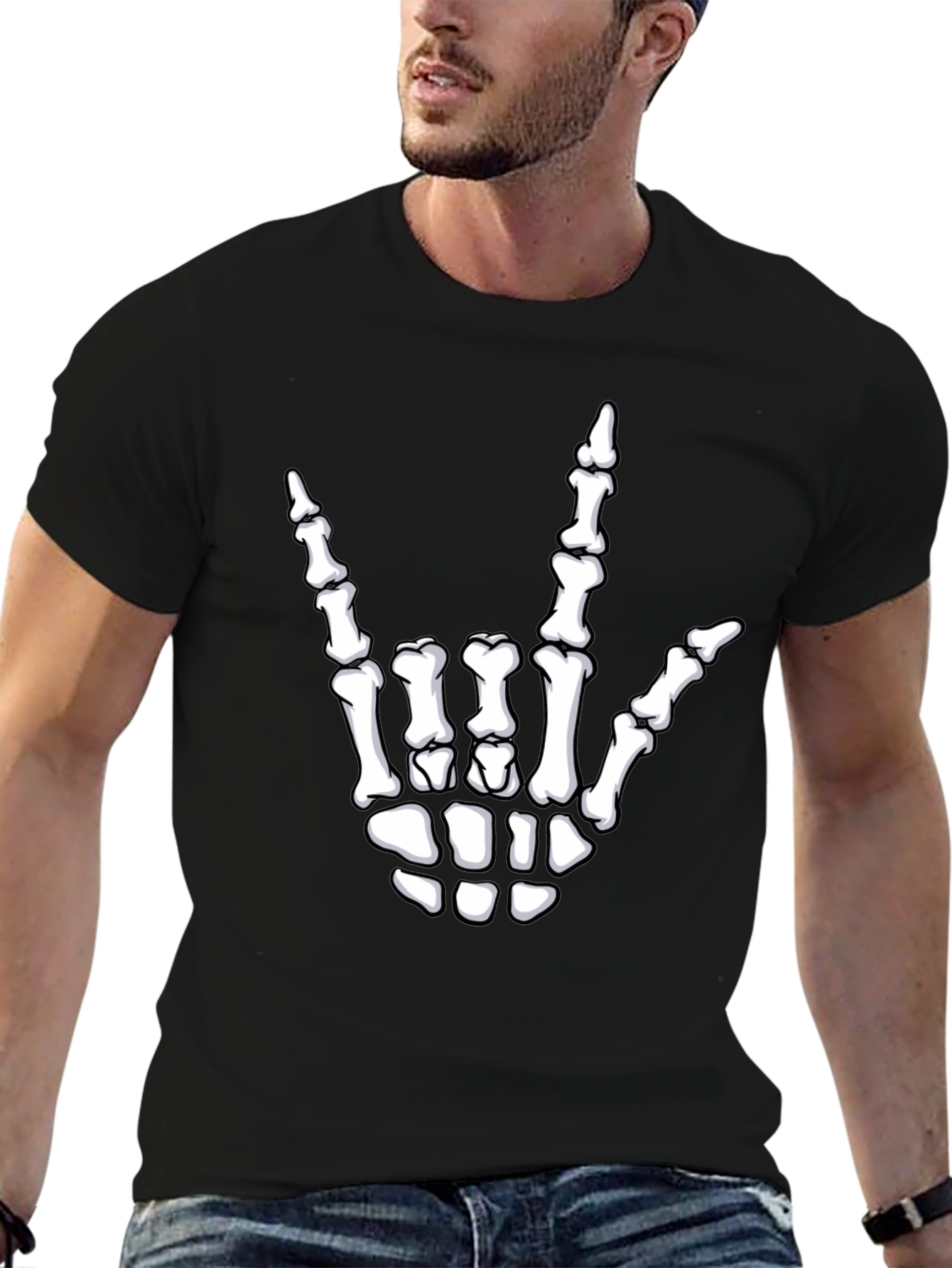 Rock On Skeleton Hand Graphic Tee - Black