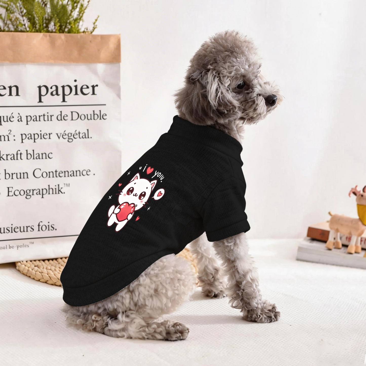 Cute White Kitten I Love You Heart Pattern Black Pet Sweater