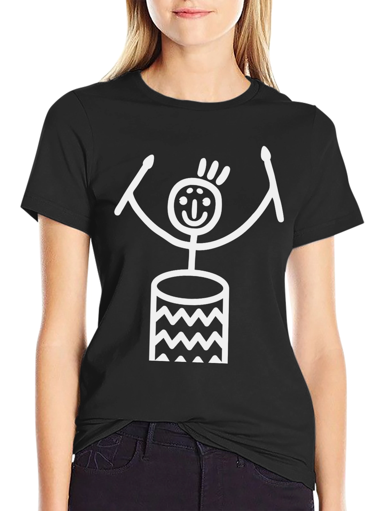 Drummer Stick Figure Black T-Shirt
