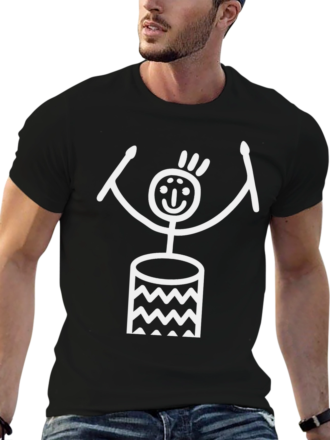 Drummer Stick Figure Black T-Shirt