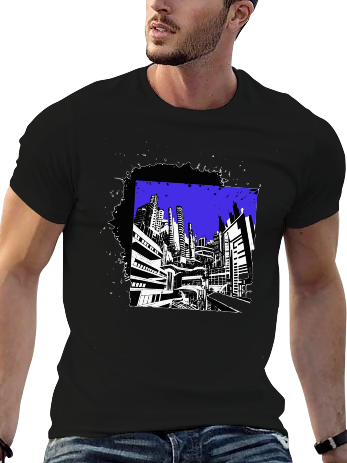 Urban Graphic Tee - Black Contemporary Cityscape Design