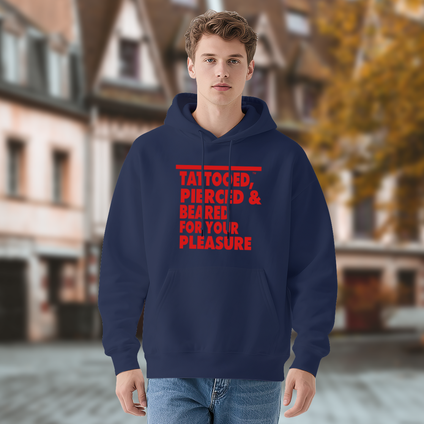 Edgy Tattooed Pierced & Beared Bold Text Navy Hoodie, Unisex Cozy Street Hoodie