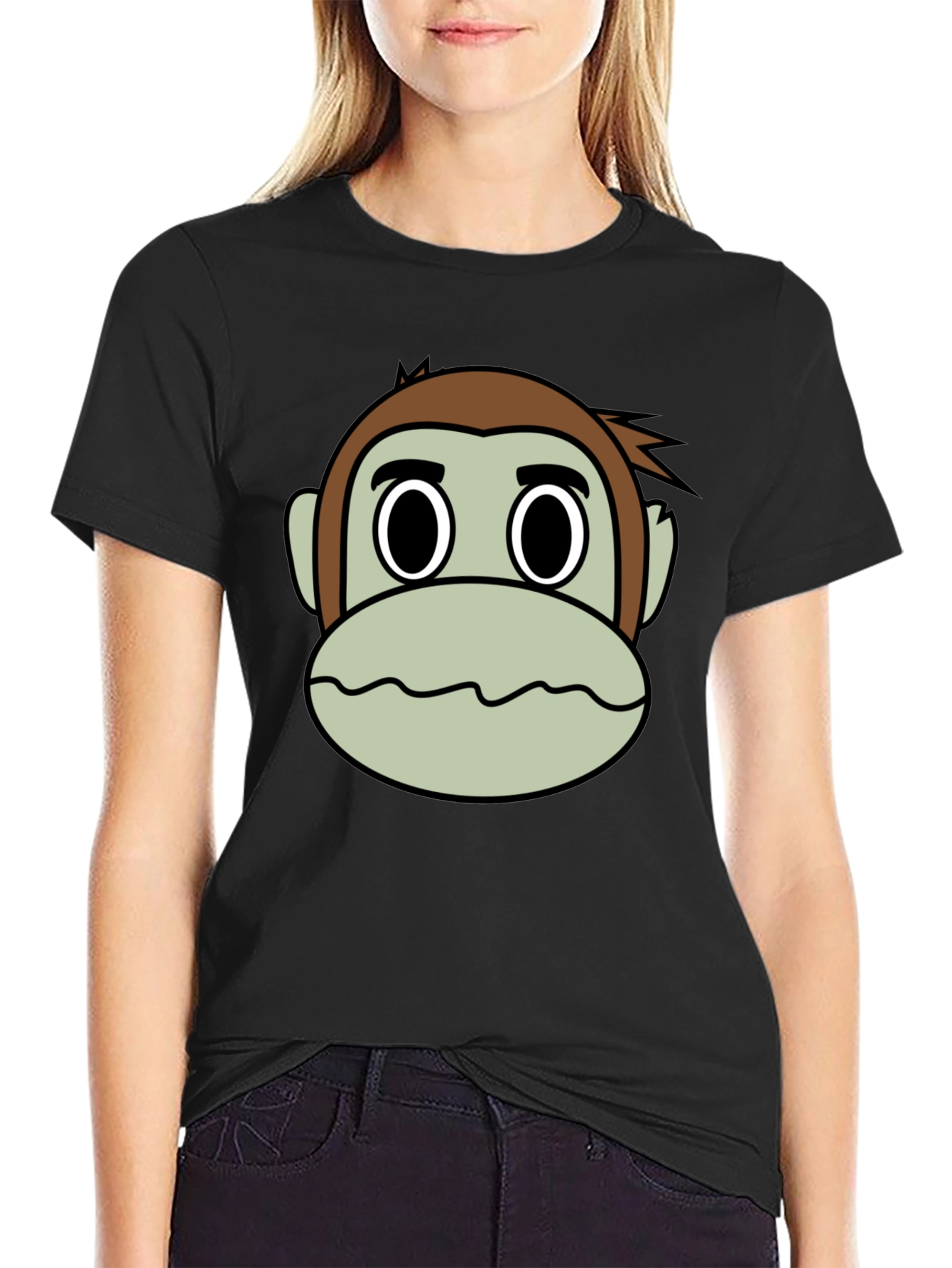 Cartoon Monkey Face Black T-Shirt