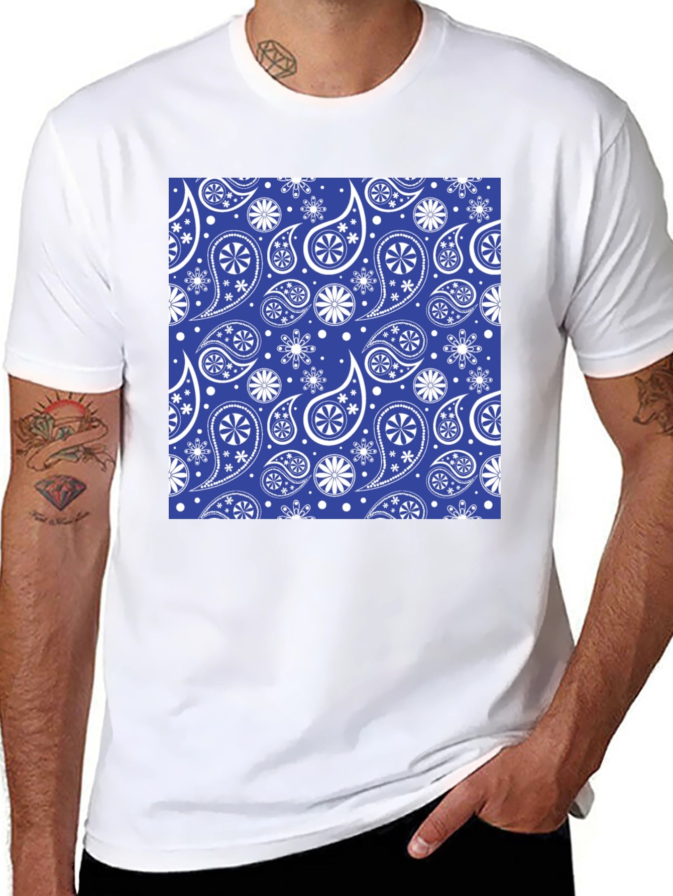 Blue Paisley Pattern Black T-Shirt