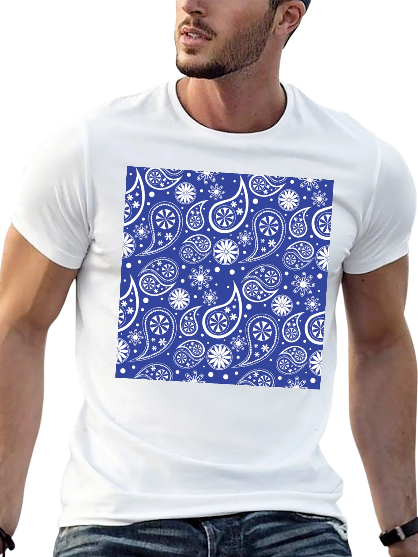 Blue Paisley Pattern Black T-Shirt