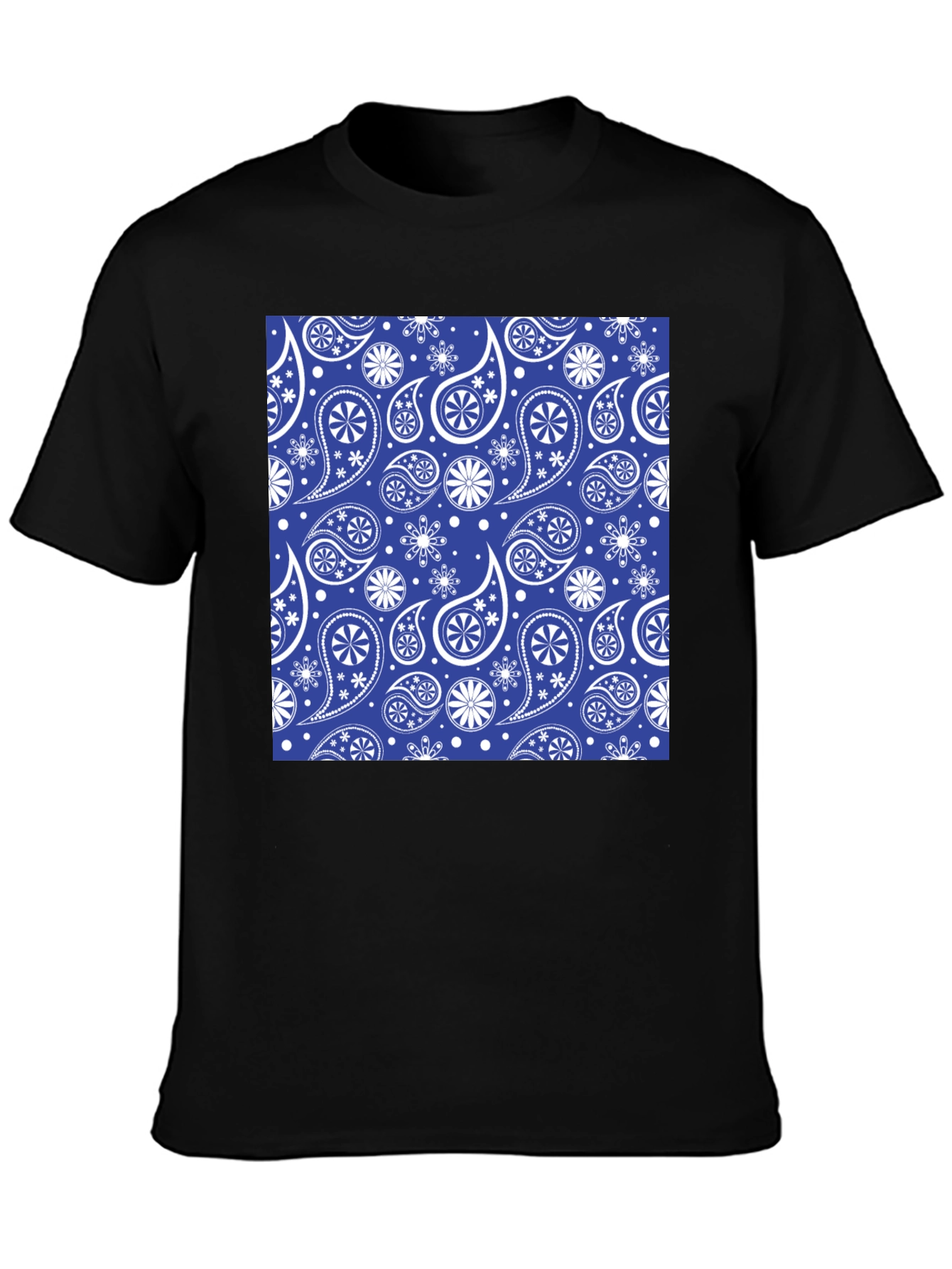Blue Paisley Pattern Black T-Shirt