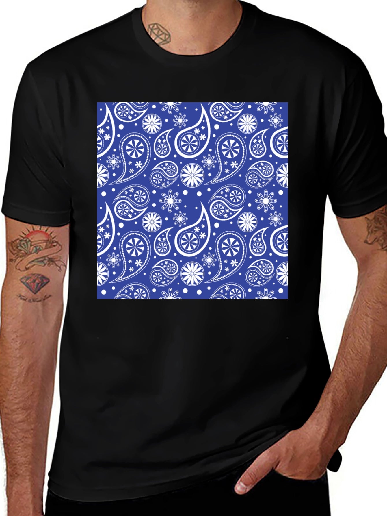 Blue Paisley Pattern Black T-Shirt