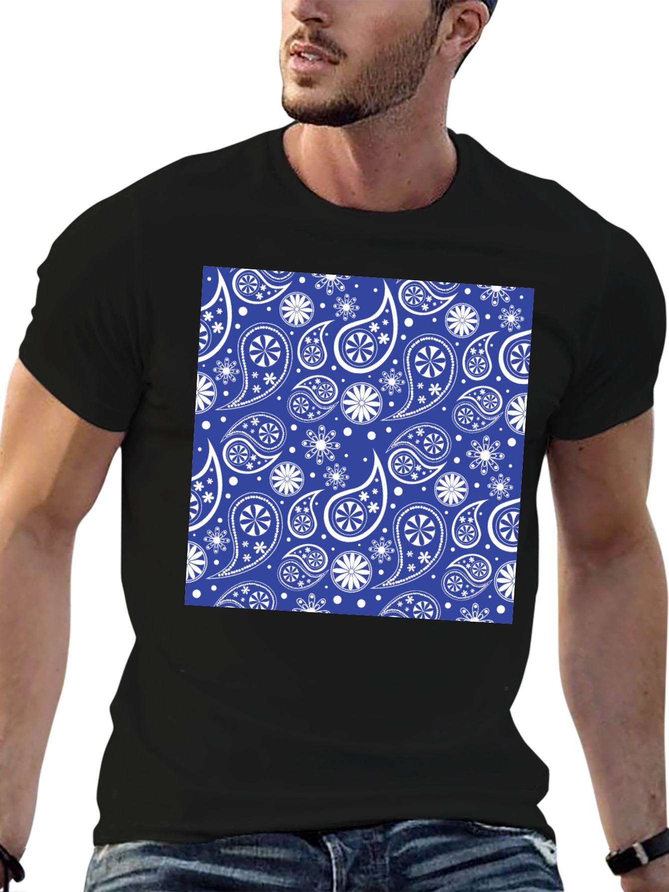 Blue Paisley Pattern Black T-Shirt