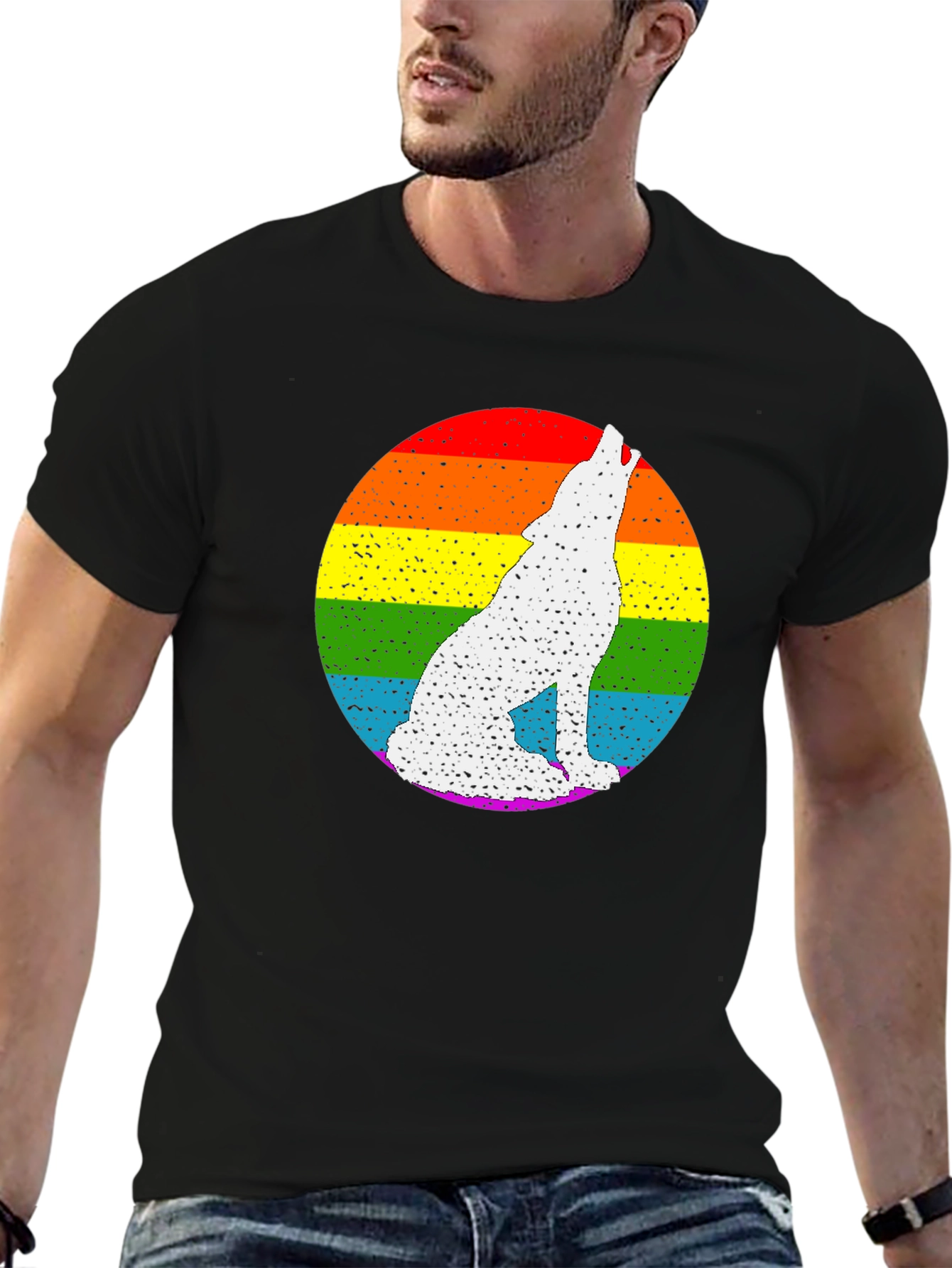 Rainbow Wolf Graphic Tee - Black Cotton Blend