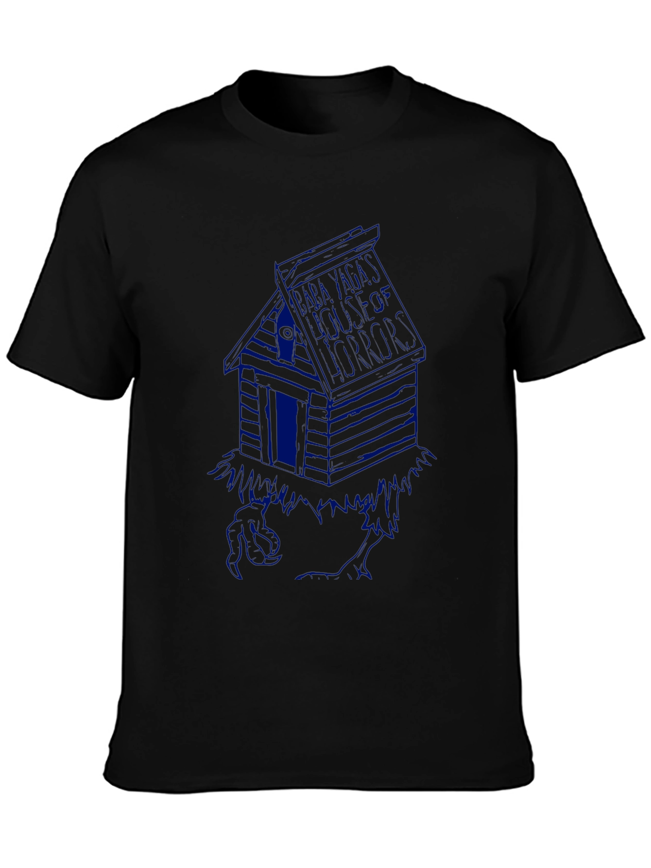 Black T-Shirt with Blue Cabin Graphic