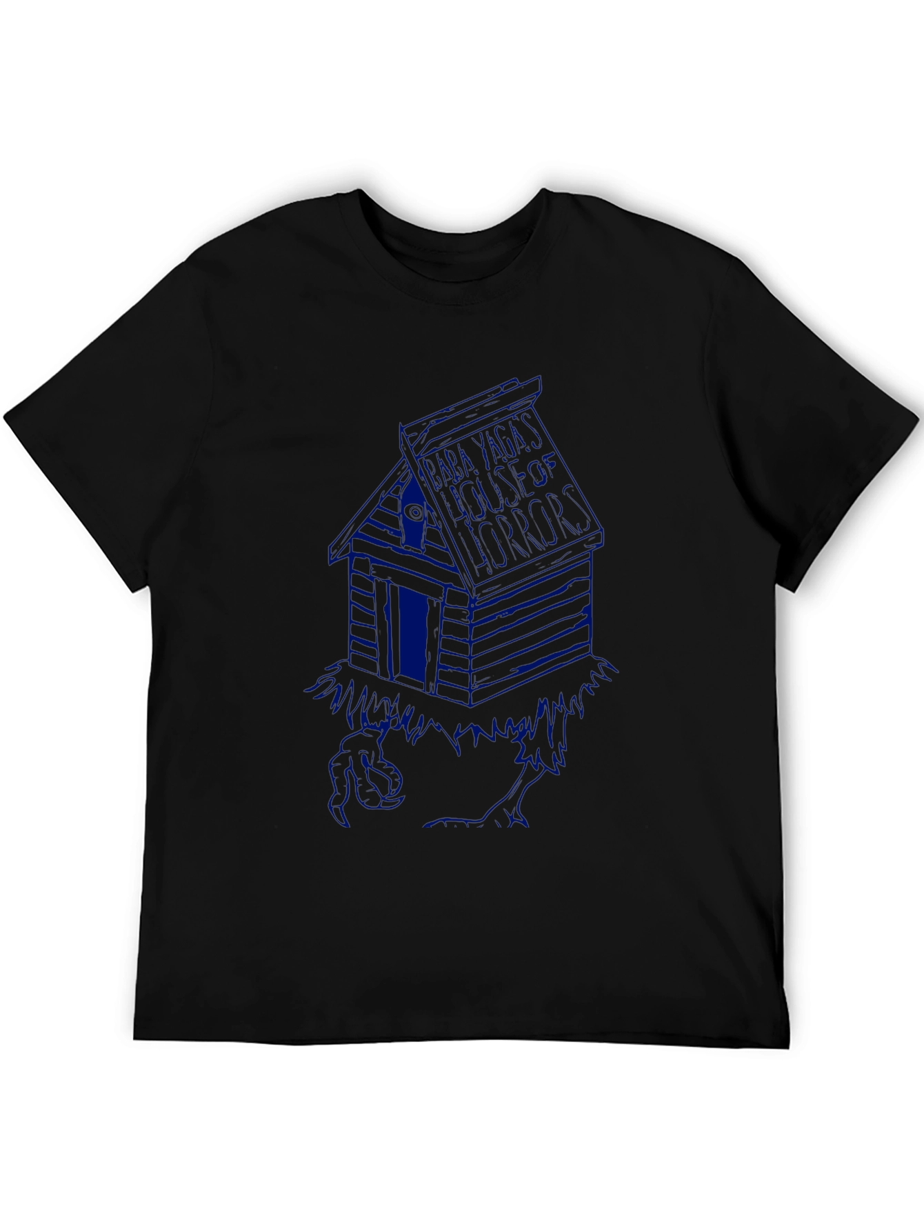 Black T-Shirt with Blue Cabin Graphic