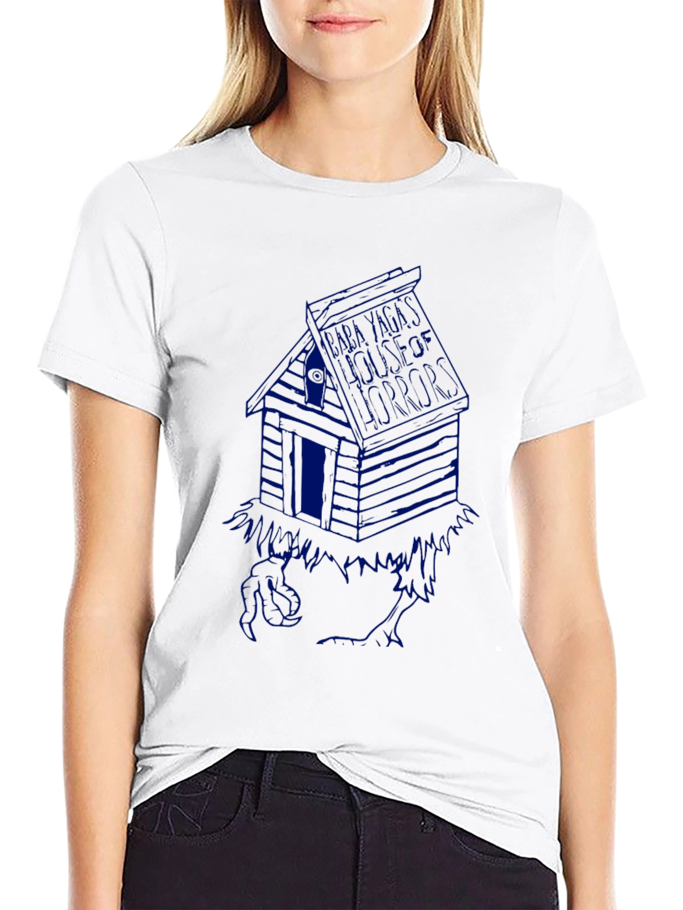 Black T-Shirt with Blue Cabin Graphic
