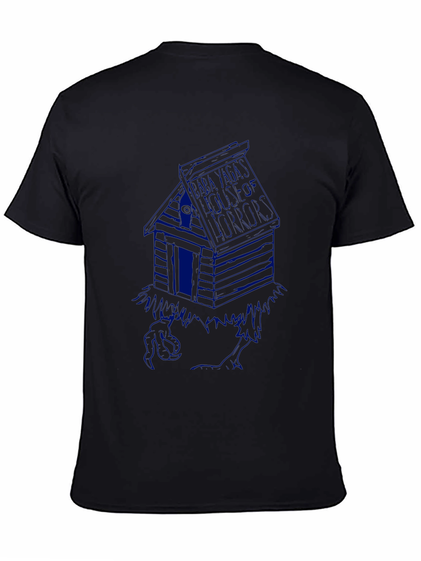 Black T-Shirt with Blue Cabin Graphic