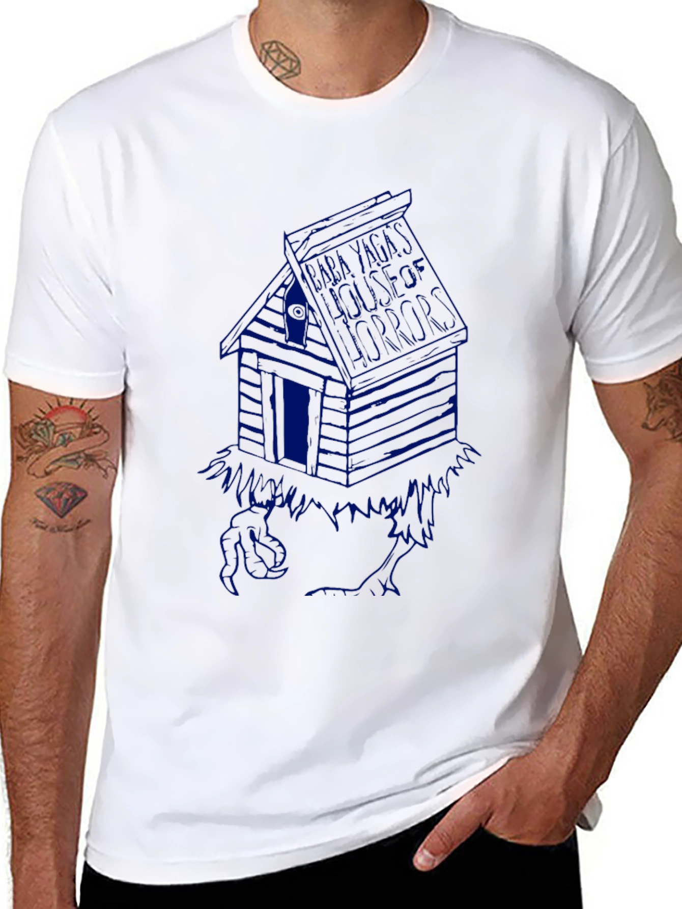 Black T-Shirt with Blue Cabin Graphic