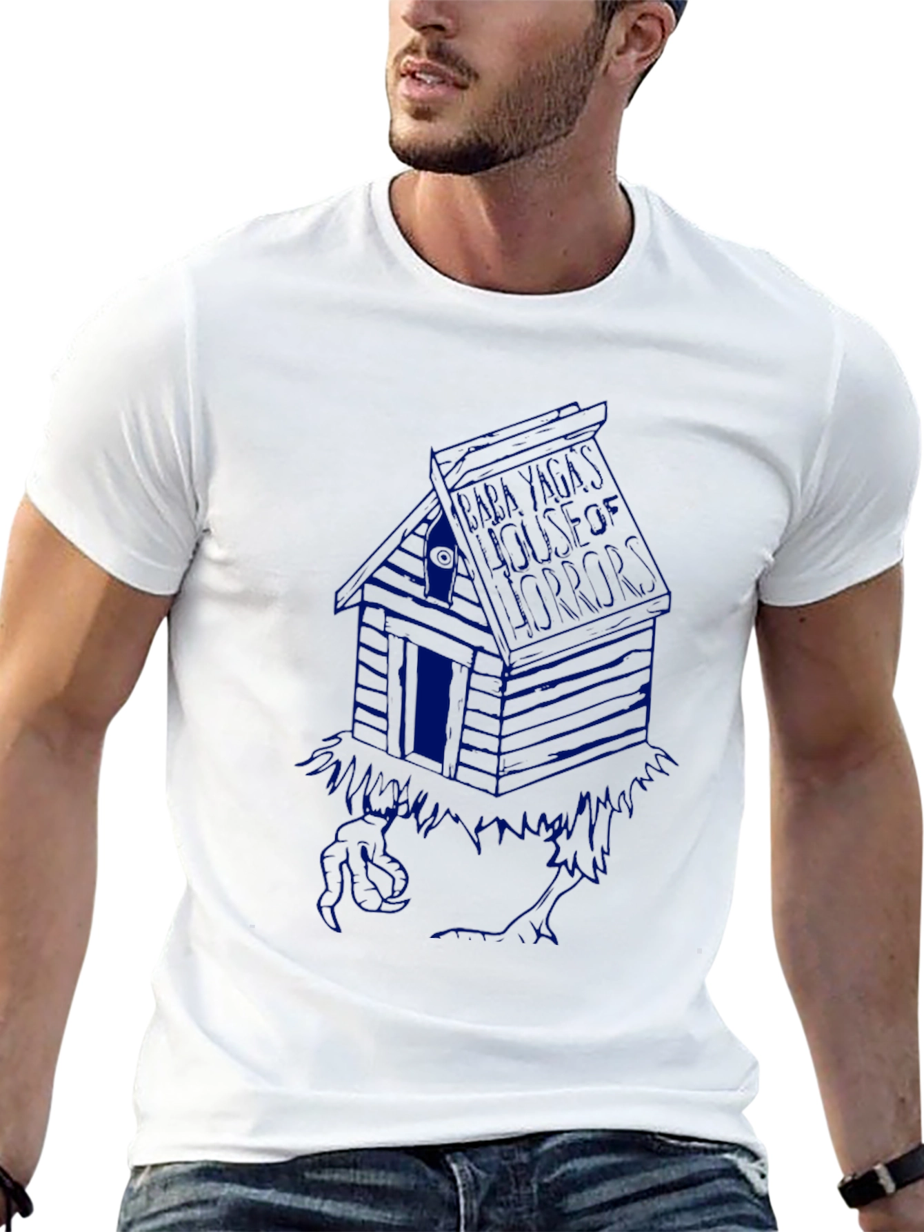 Black T-Shirt with Blue Cabin Graphic