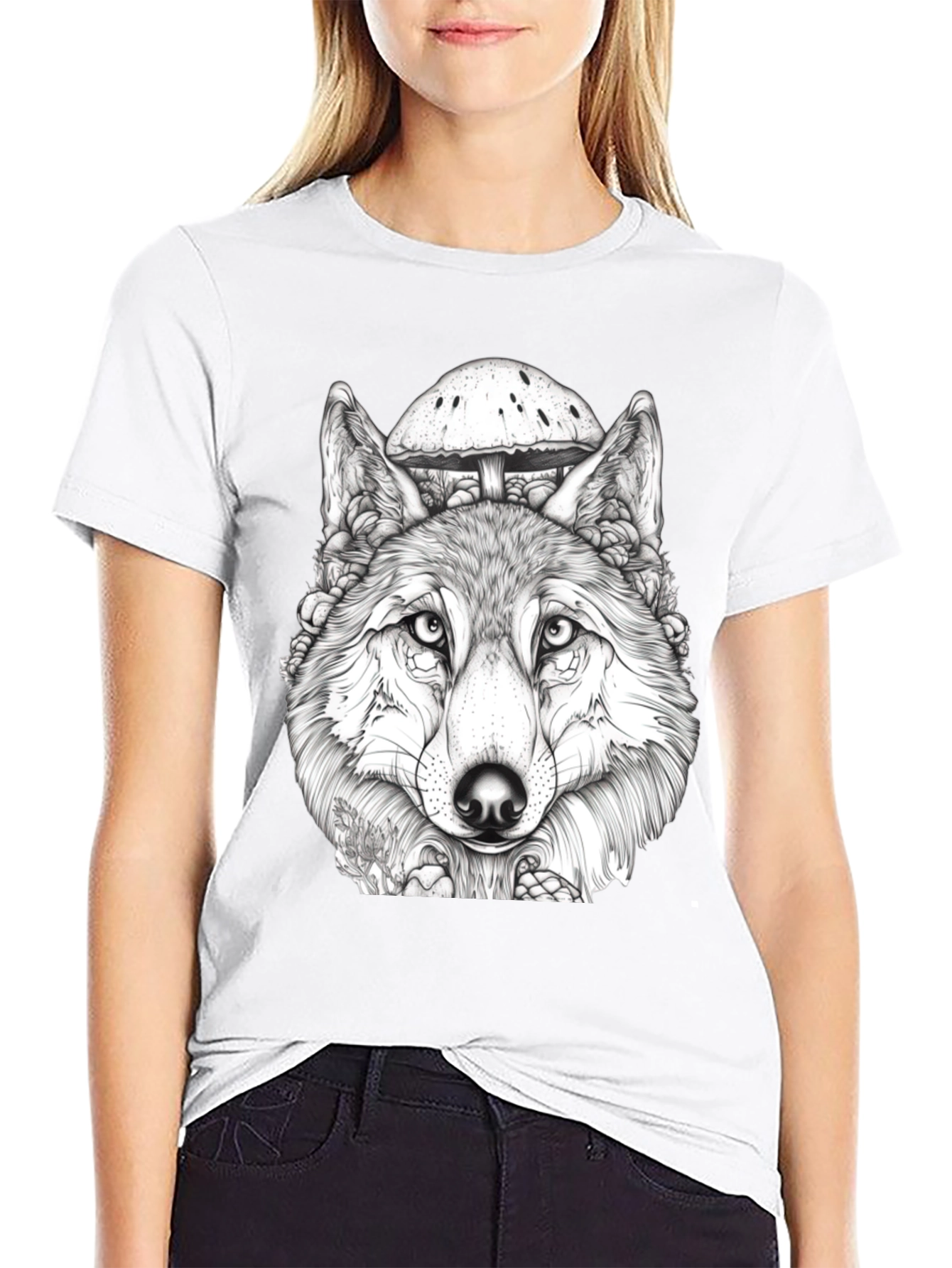 Wolf & Mushroom Graphic Tee - Unisex Black T-Shirt