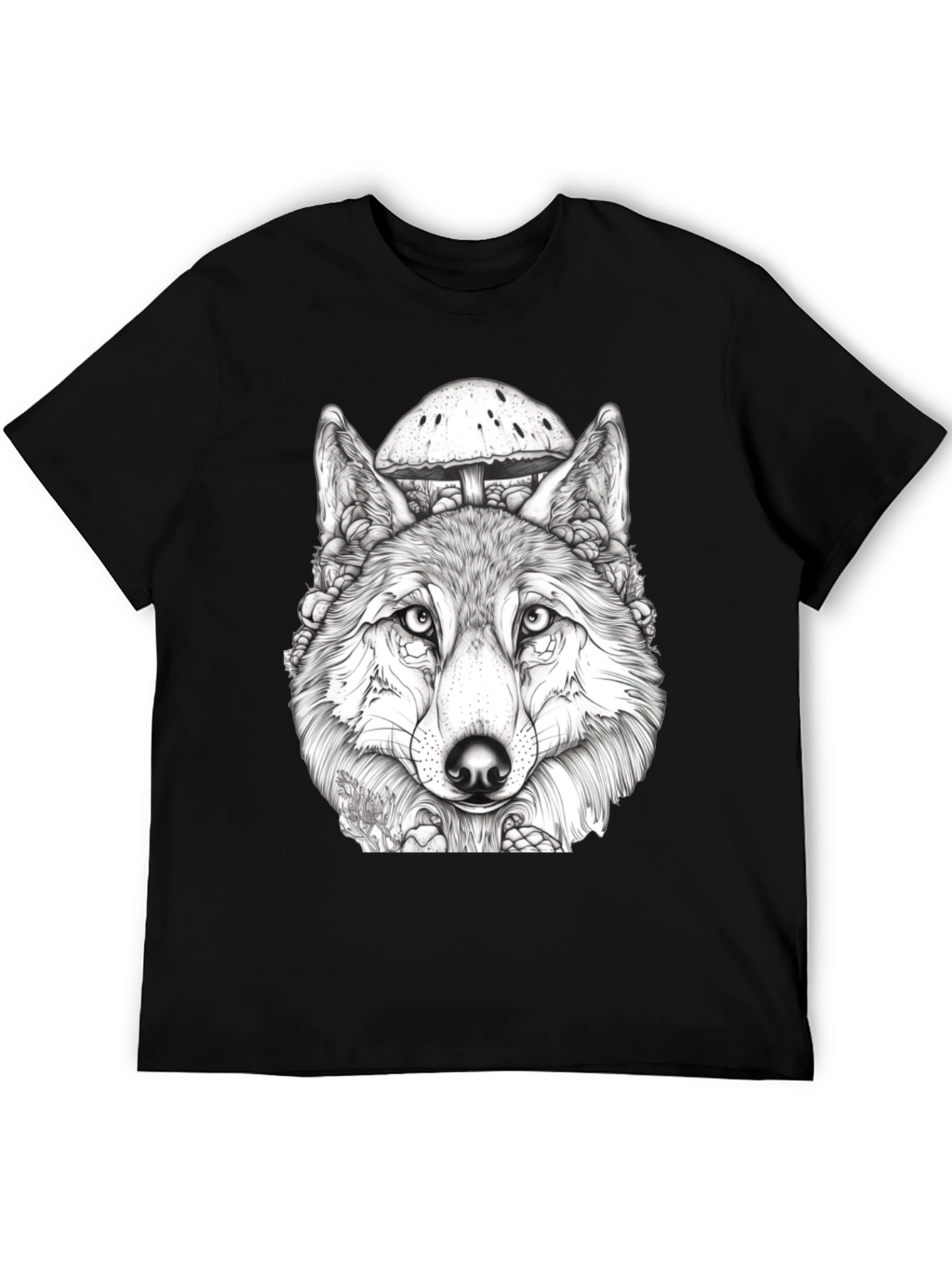 Wolf & Mushroom Graphic Tee - Unisex Black T-Shirt