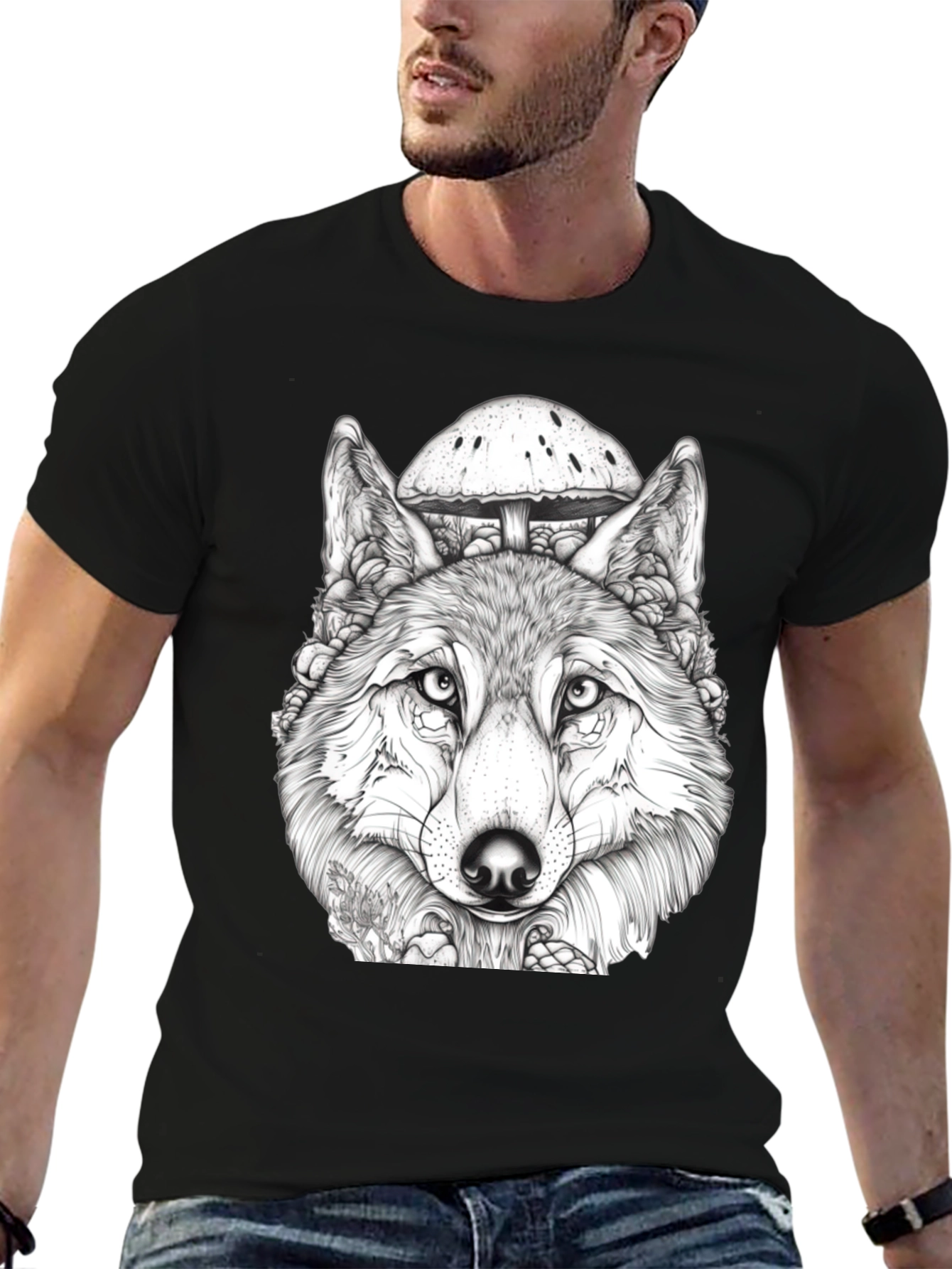 Wolf & Mushroom Graphic Tee - Unisex Black T-Shirt