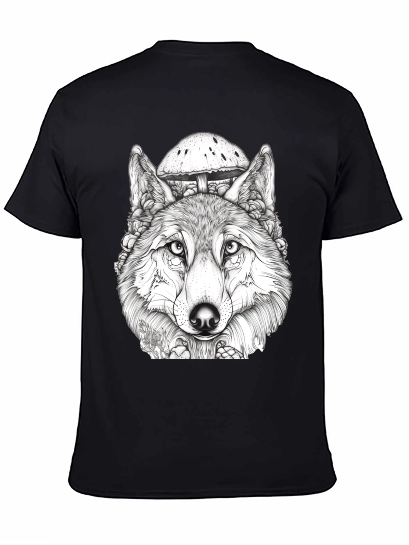 Wolf & Mushroom Graphic Tee - Unisex Black T-Shirt