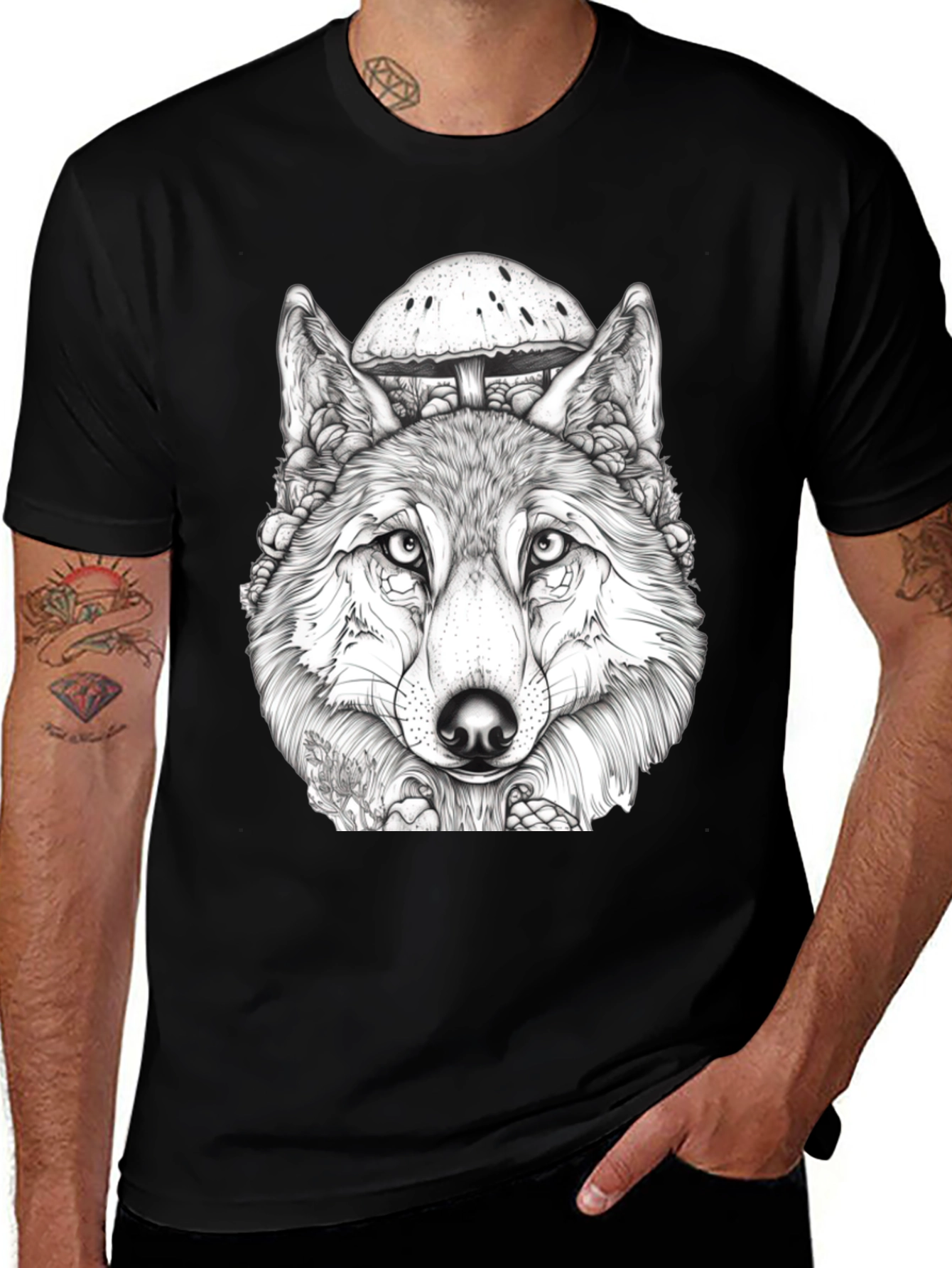 Wolf & Mushroom Graphic Tee - Unisex Black T-Shirt