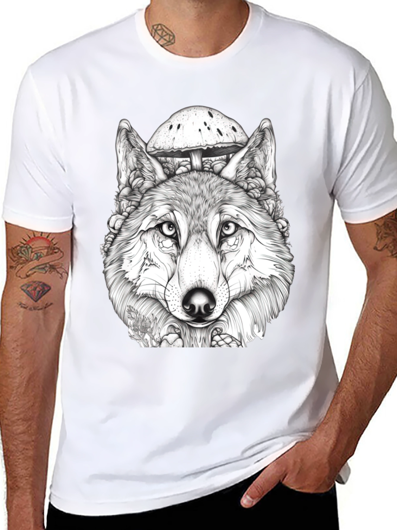 Wolf & Mushroom Graphic Tee - Unisex Black T-Shirt
