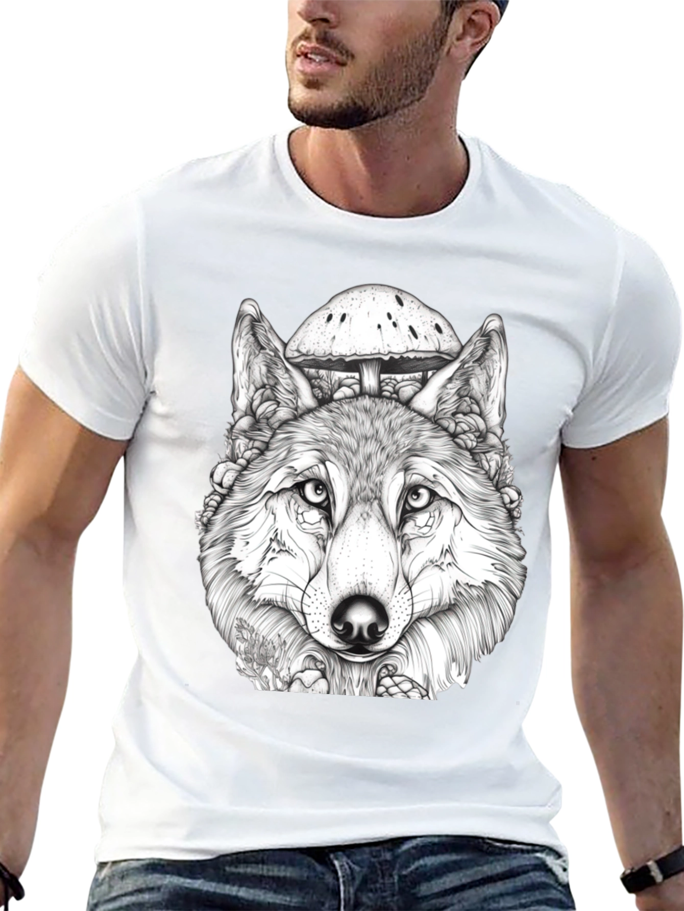 Wolf & Mushroom Graphic Tee - Unisex Black T-Shirt