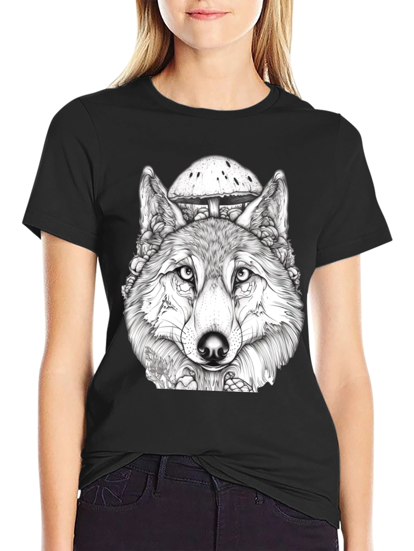 Wolf & Mushroom Graphic Tee - Unisex Black T-Shirt
