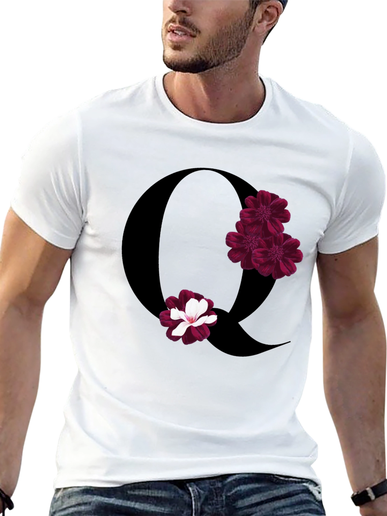 Floral Letter Q Black T-Shirt