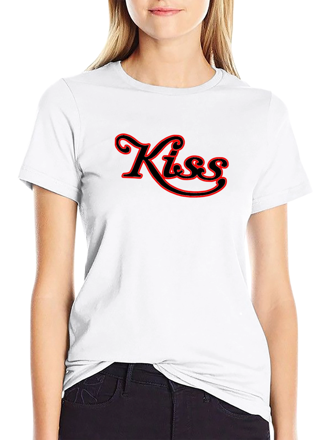 Kiss Red Outline Black T-Shirt