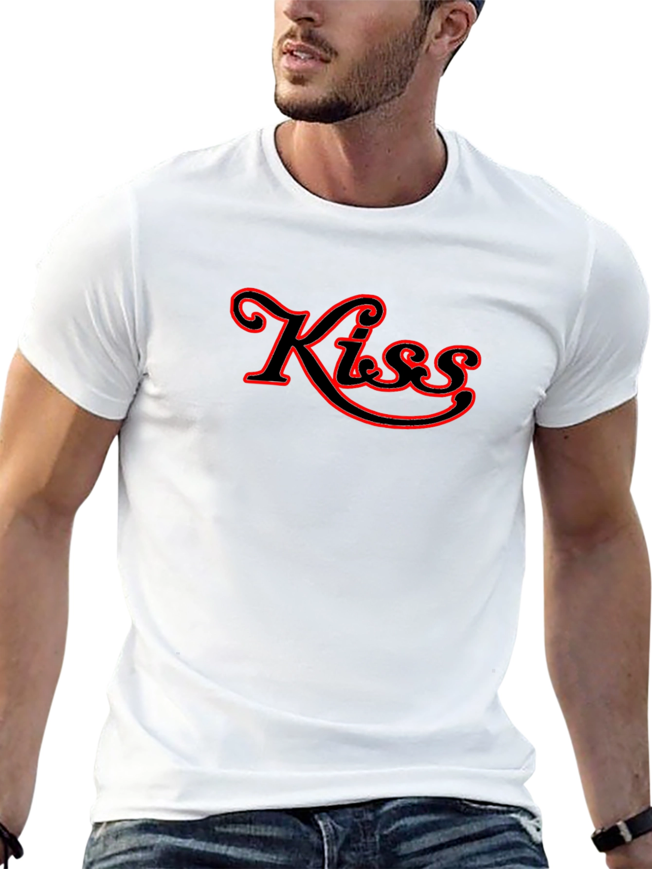 Kiss Red Outline Black T-Shirt