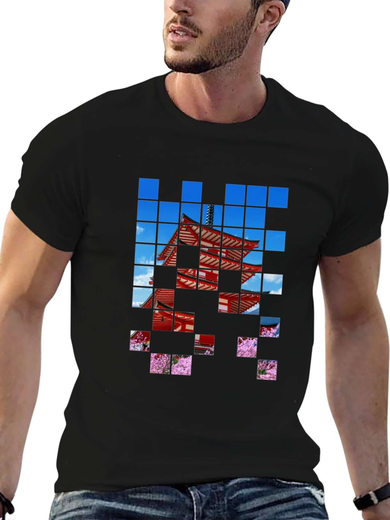 Pagoda Pixel Art Black T-Shirt