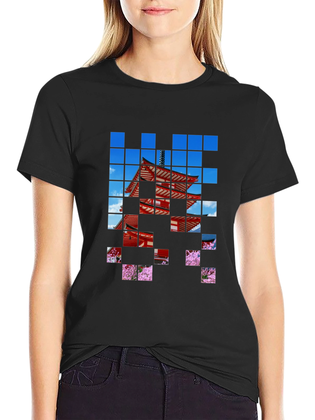 Pagoda Pixel Art Black T-Shirt