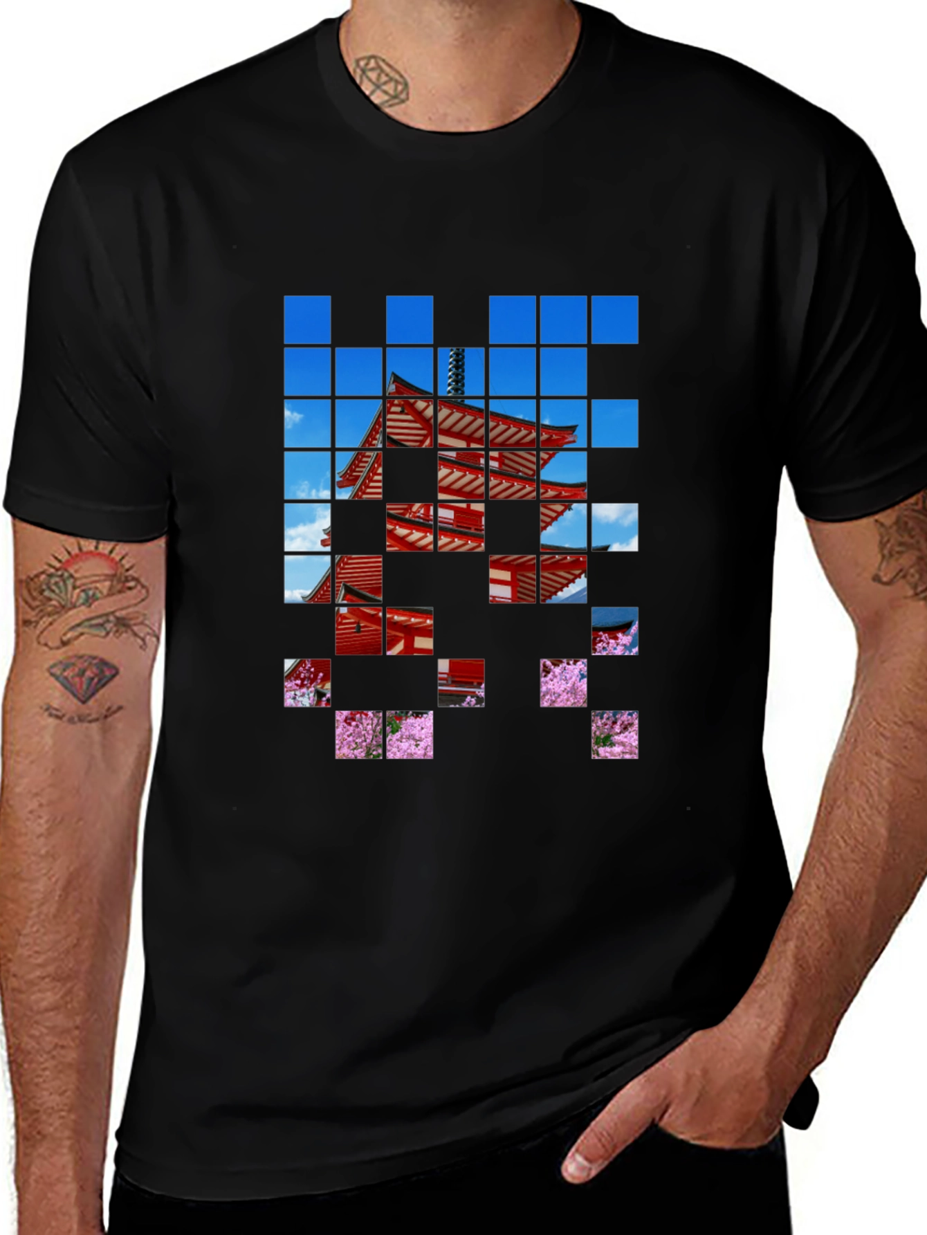 Pagoda Pixel Art Black T-Shirt