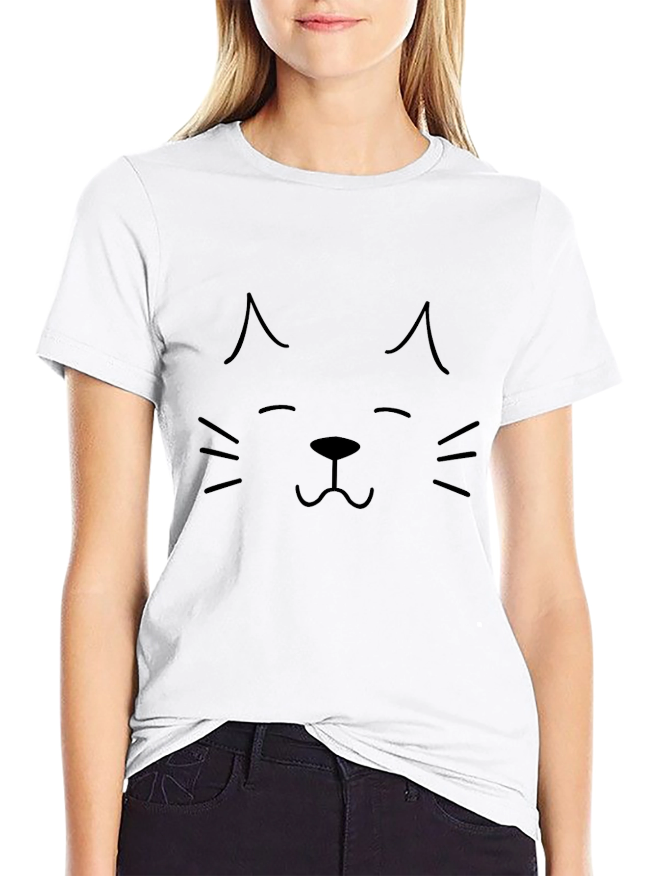 Cute Cat Face Graphic Black T-Shirt