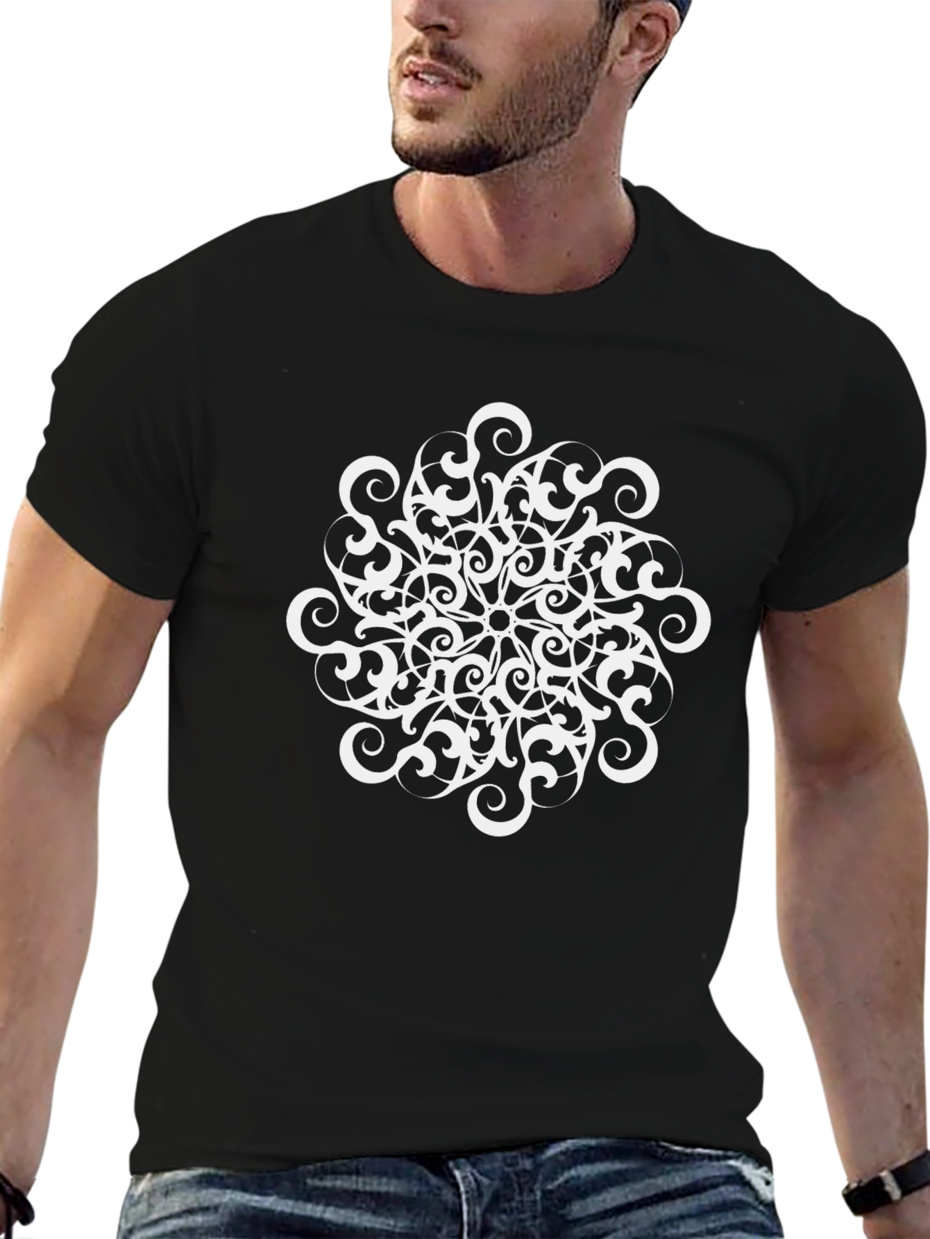 Black T-Shirt with White Mandala Design