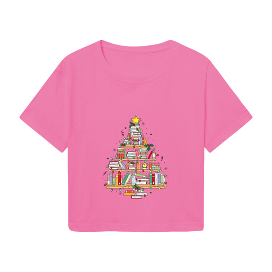 Book?Shaped Christmas Tree Book Lover Holiday Crop Tee
