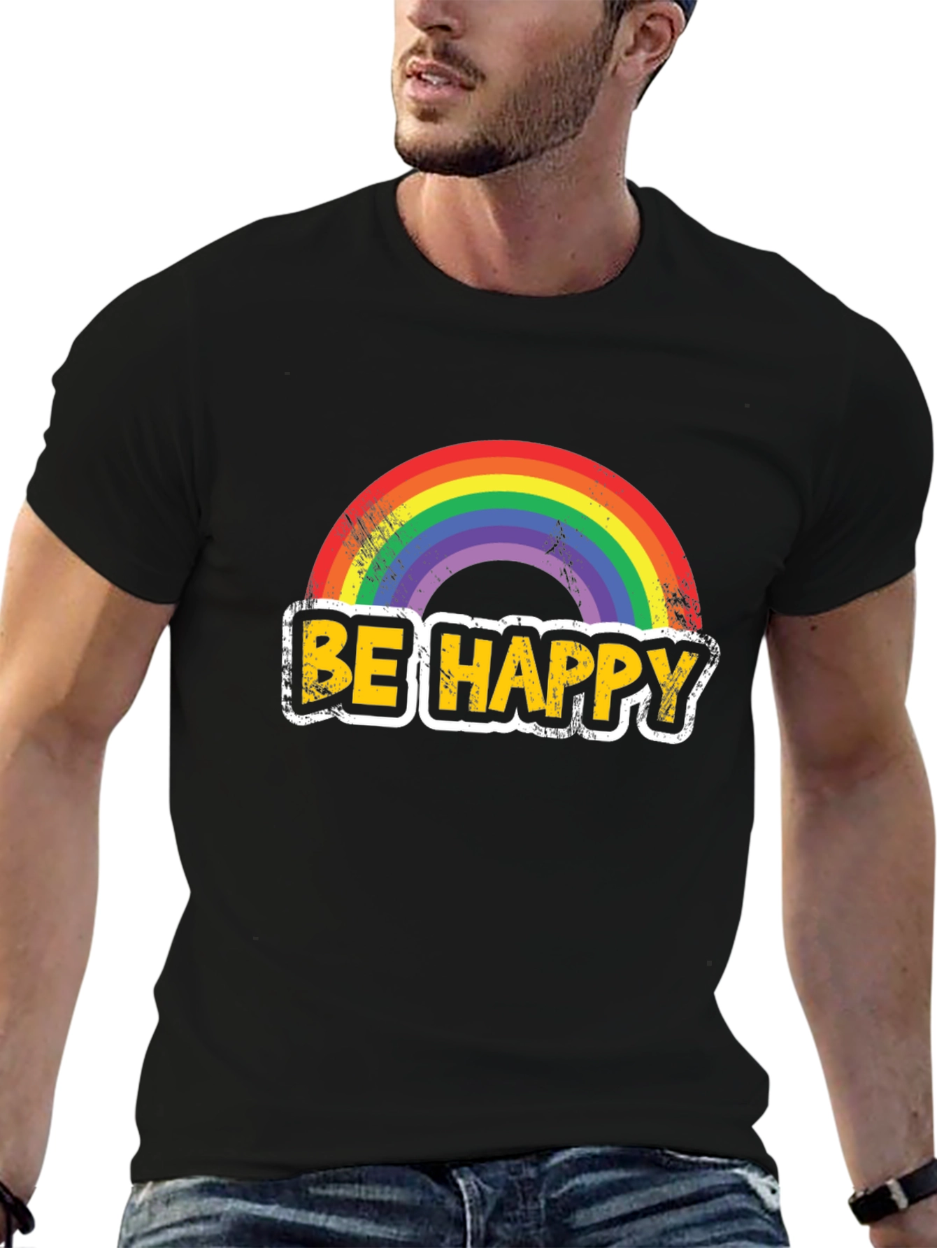 Be Happy Rainbow Graphic T-Shirt - Mens Black Tee