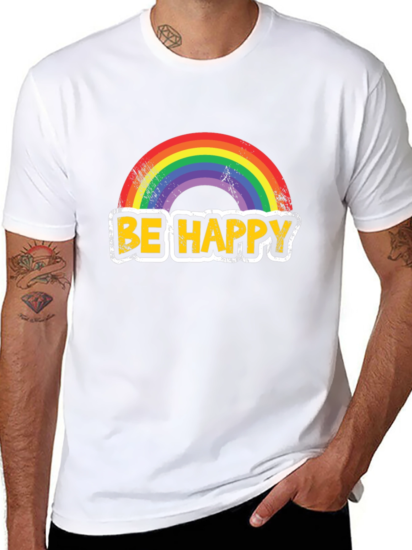 Be Happy Rainbow Graphic T-Shirt - Mens Black Tee