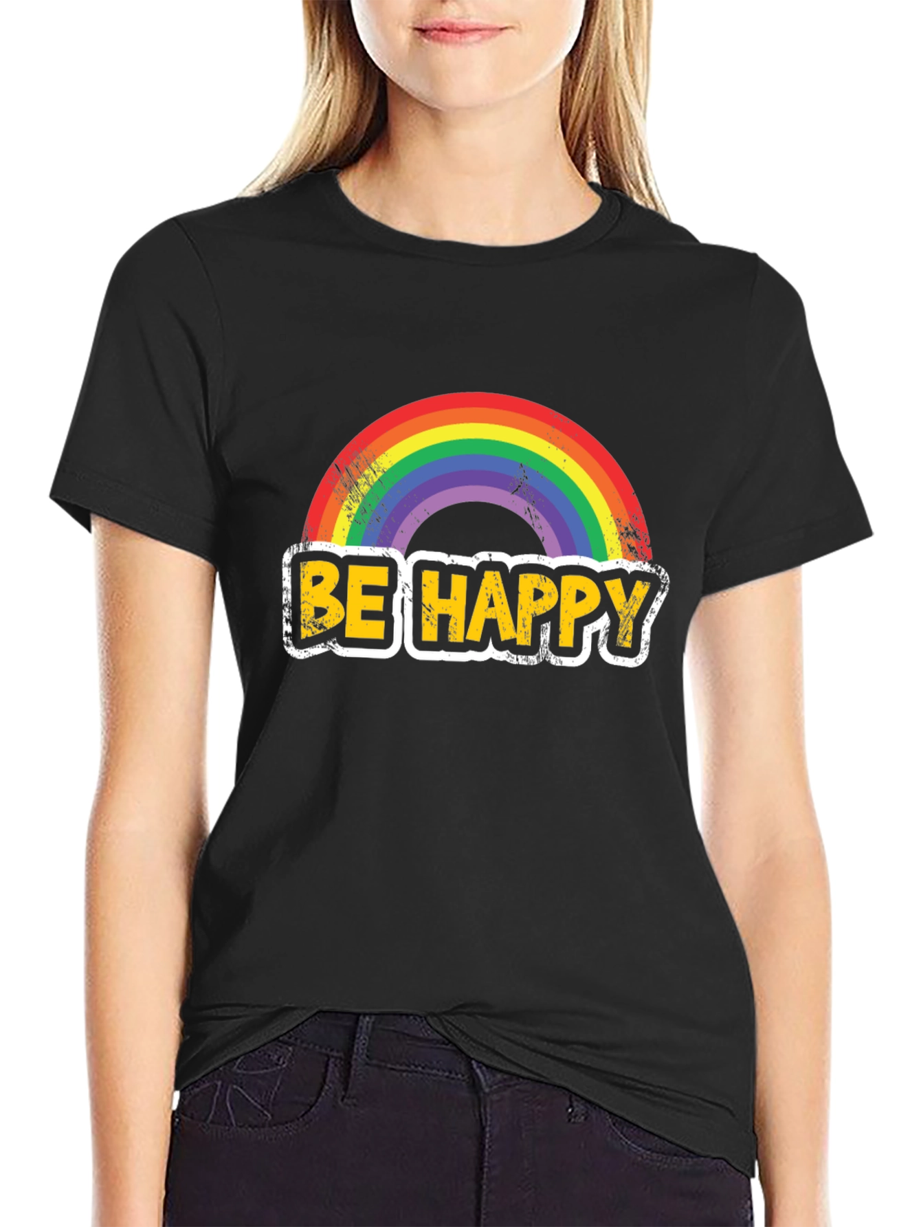 Be Happy Rainbow Graphic T-Shirt - Mens Black Tee