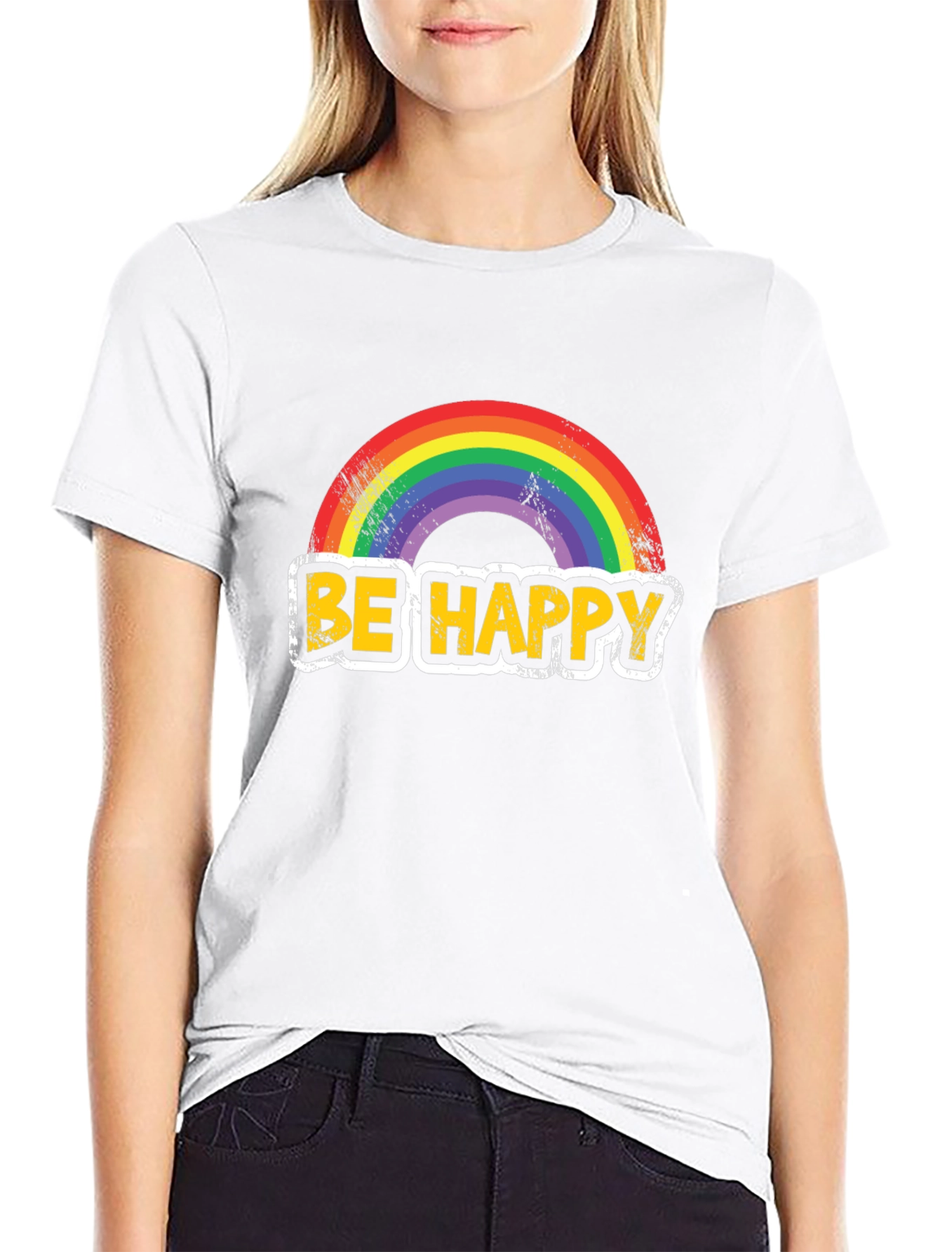 Be Happy Rainbow Graphic T-Shirt - Mens Black Tee