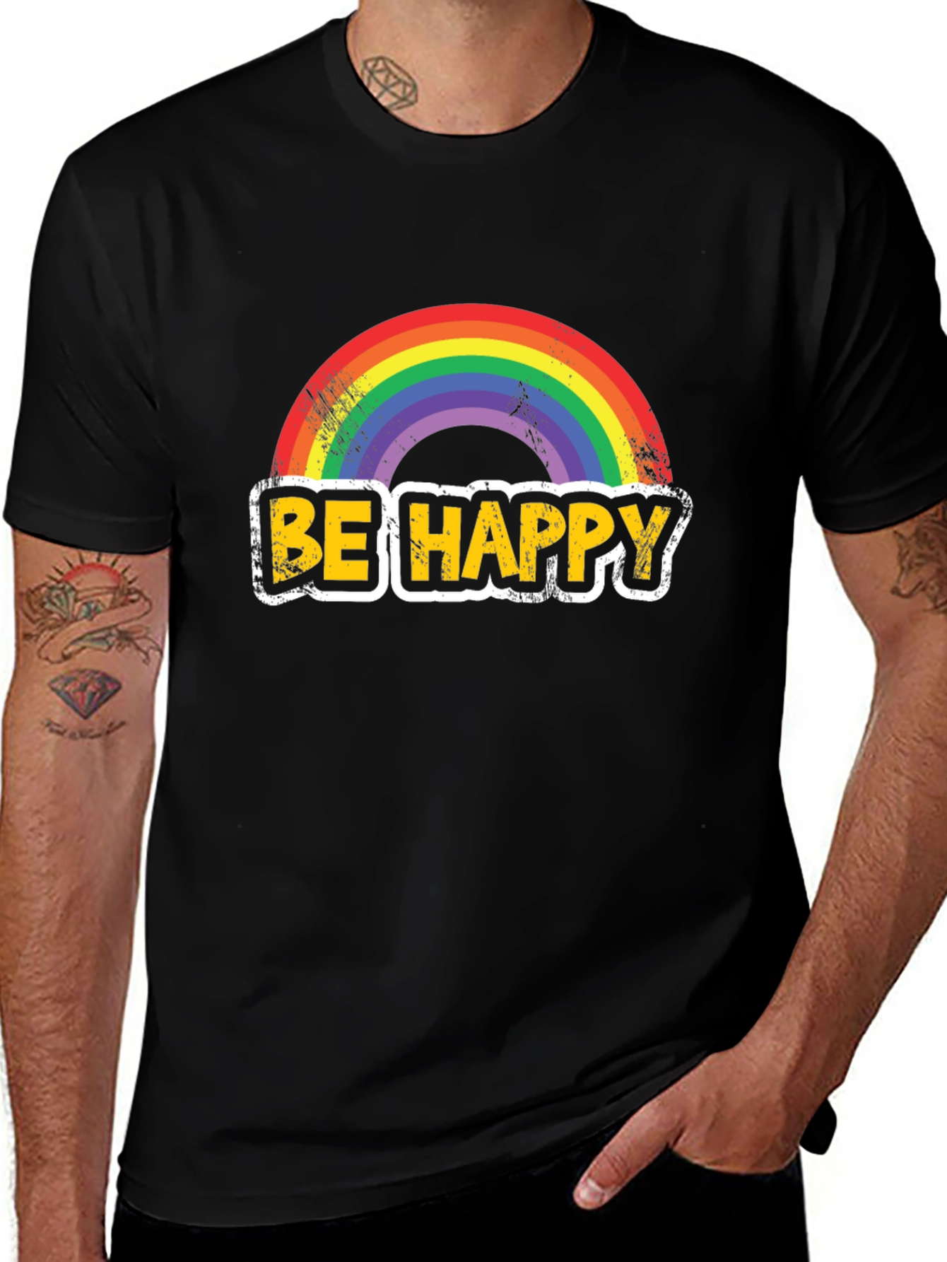 Be Happy Rainbow Graphic T-Shirt - Mens Black Tee