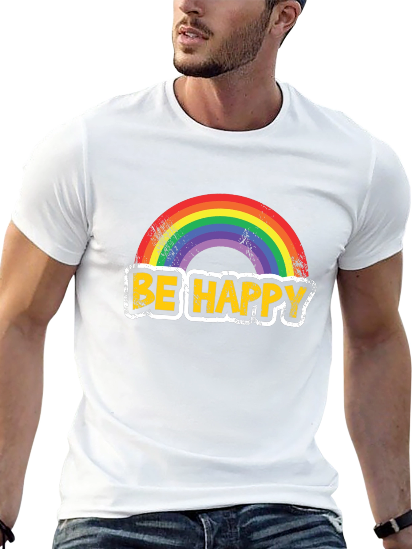 Be Happy Rainbow Graphic T-Shirt - Mens Black Tee