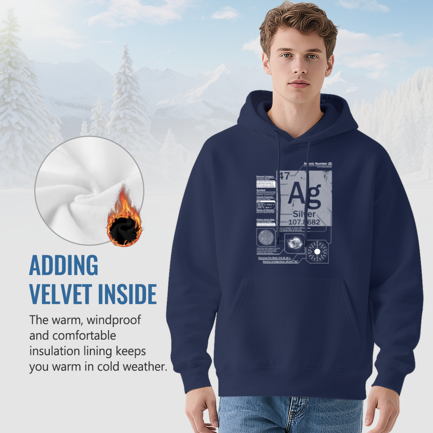 Silver Ag Periodic Table Science Element Print Hoodie, Nerd Soft Comfort Study Pullover