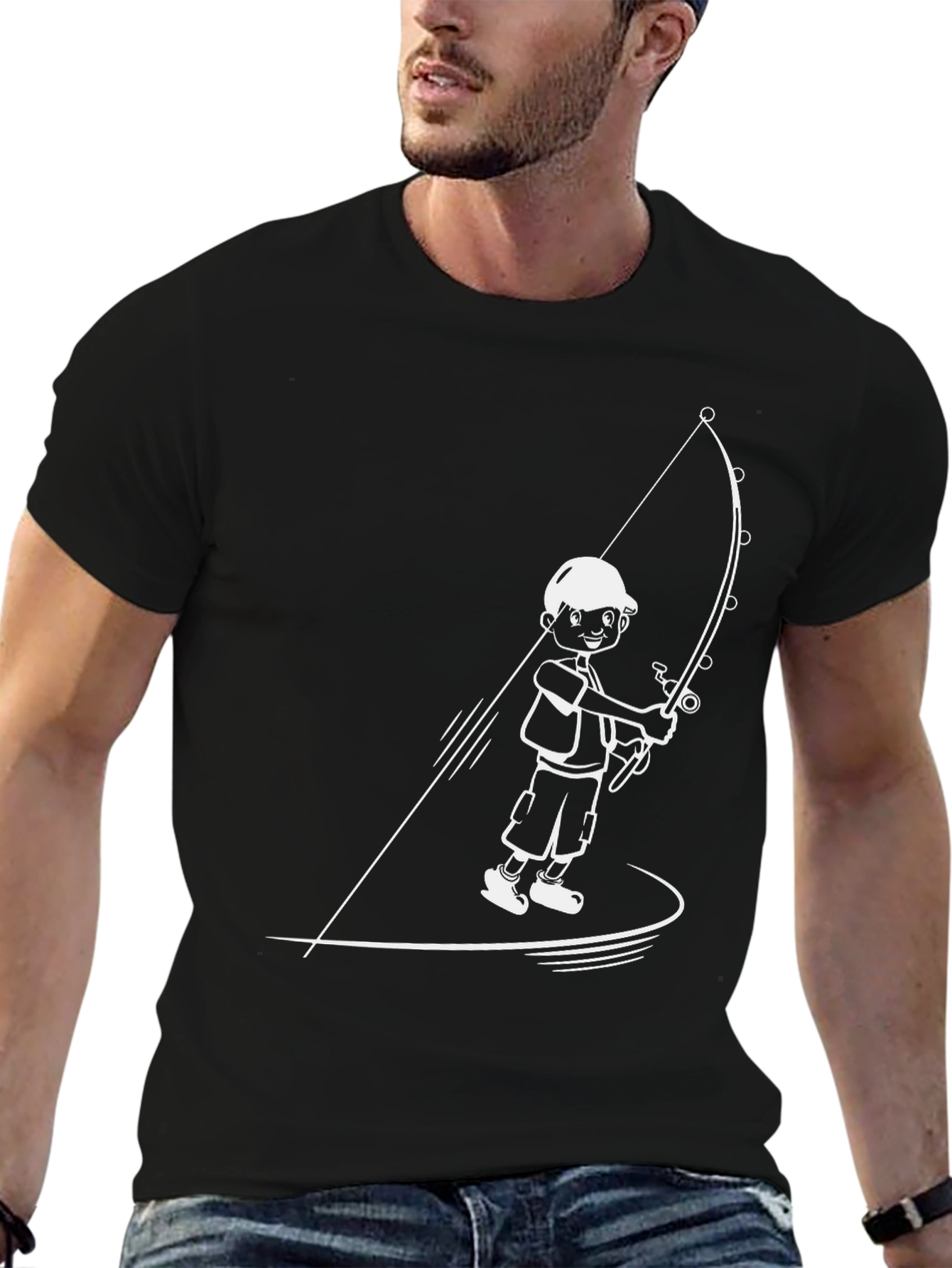 Fishing Boy Graphic Tee - Black Cotton T-Shirt