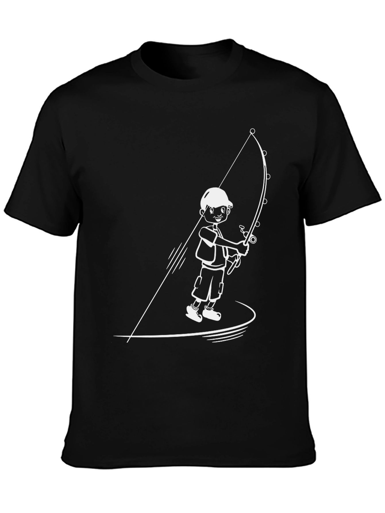 Fishing Boy Graphic Tee - Black Cotton T-Shirt