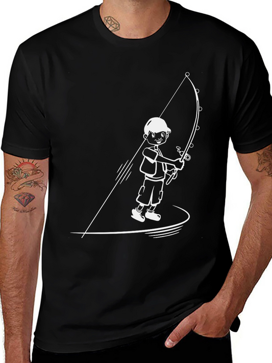 Fishing Boy Graphic Tee - Black Cotton T-Shirt