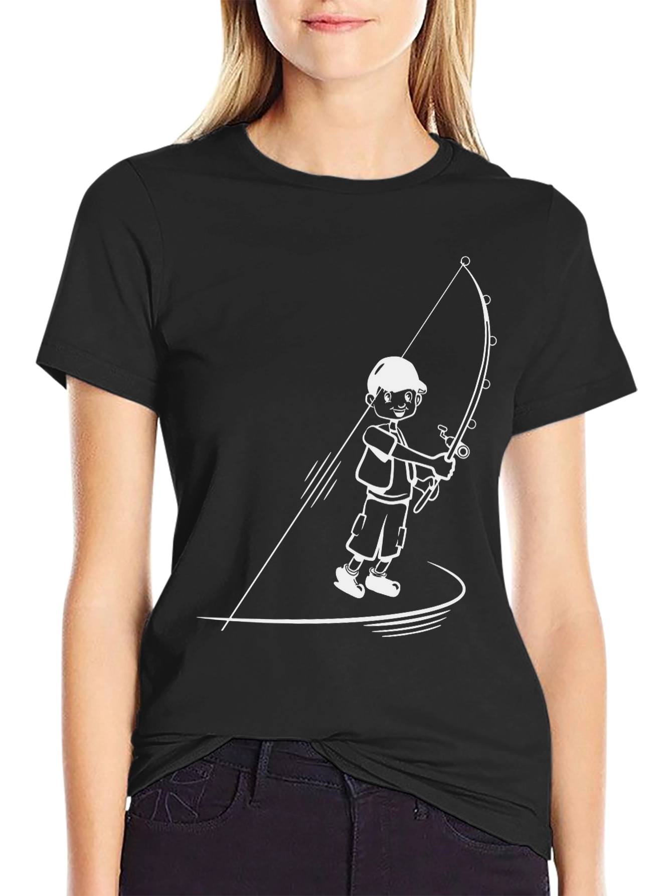 Fishing Boy Graphic Tee - Black Cotton T-Shirt